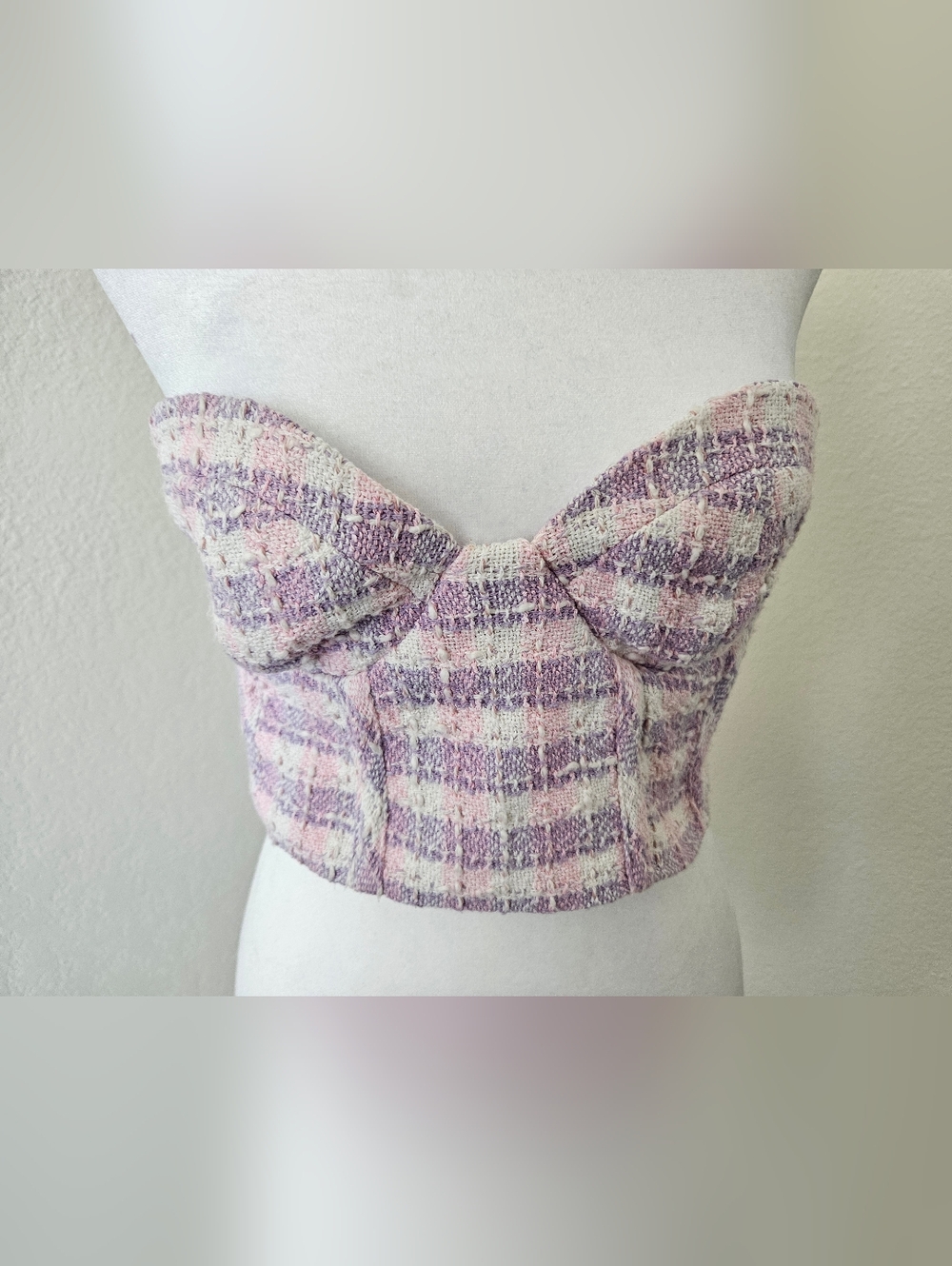 Textured Tweed Bustier Crop Top in Pink & Lavender